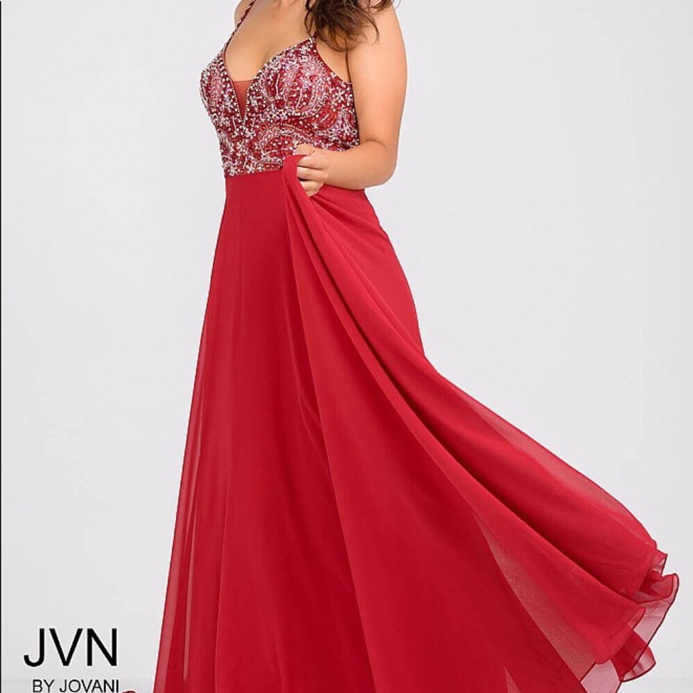 Jovani Red Flowy Low-Back Beaded V-Neck Prom Gown